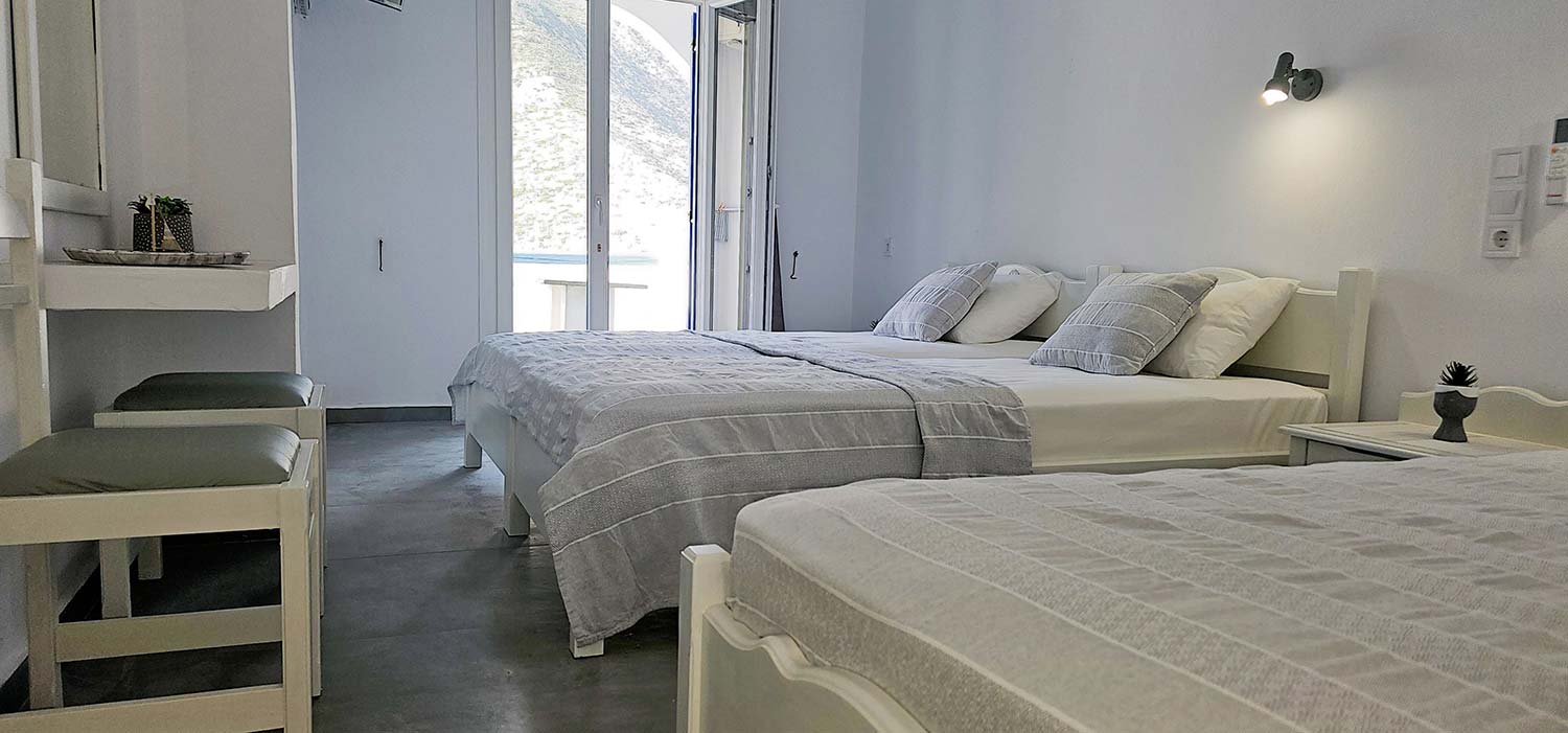 The interior of Studio 1 with minimal Cycladic decoration
